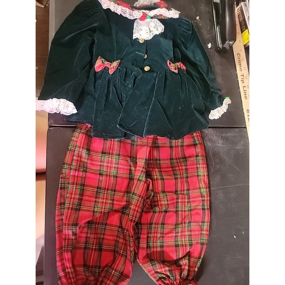 Vintage 12 Months 80s Baby 2 Piece Holiday Christmas Outfit Vevet Green Plaid